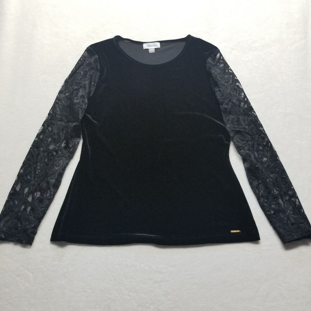 Calvin Klein Medium Top Blouse Velvet Lace Sleeves Whimsigoth Witchy Gothic